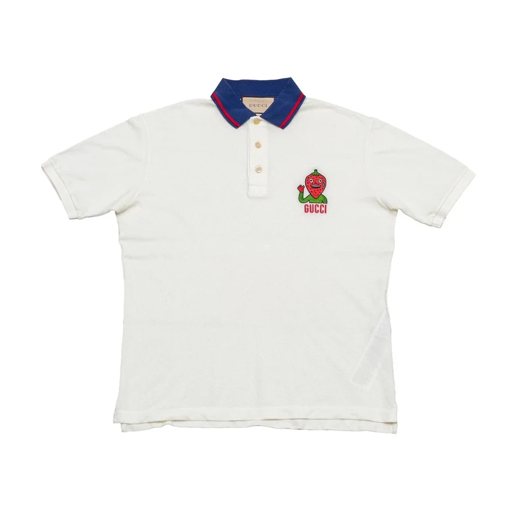Gucci Mens Strawberry Embroidered Polo Shirt Off-White Cream Size S